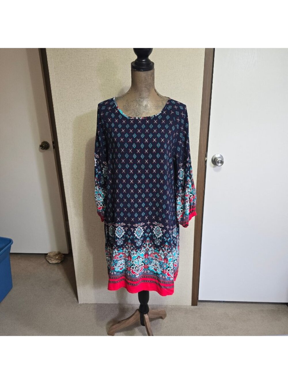 Emery Rose XL Boho Short Tunic Dress Navy Red Paisley Long Sleeve